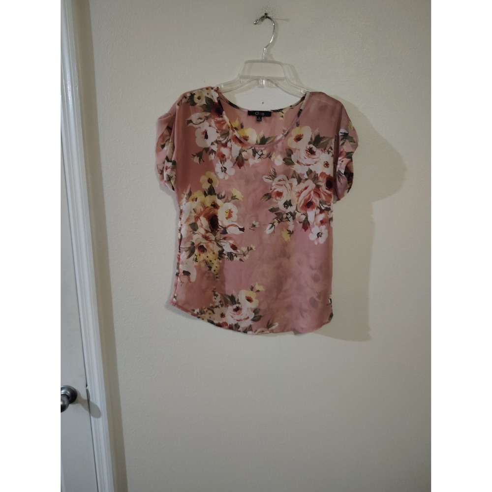 Cleo Womens Pink Floral Scoop Neck Short Tulip Sleeve Blouse‎ Top Small